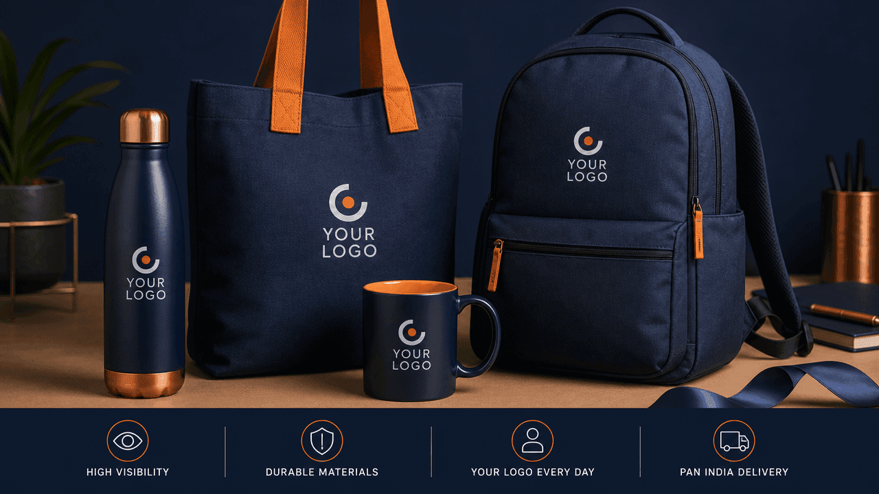 Branded bottle, mug, tote bag and backpack (representative mockup)