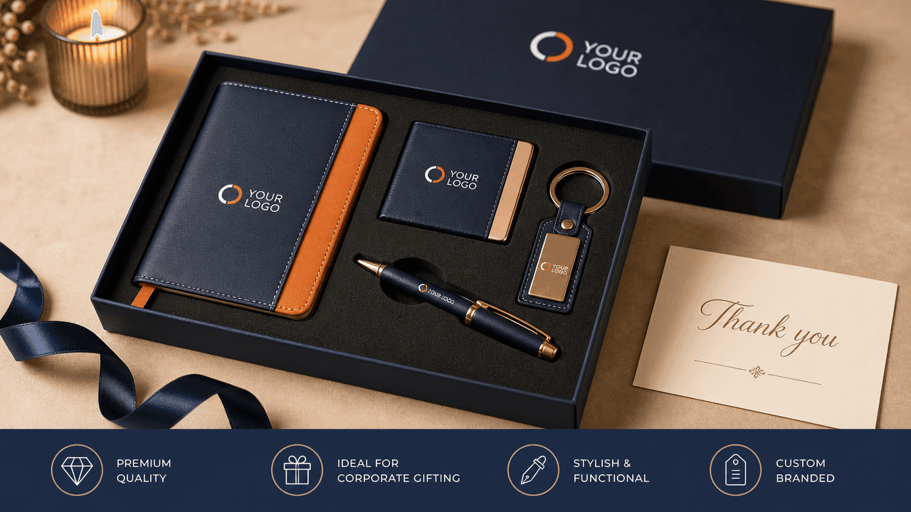 Branded corporate gift box with a notebook, card holder, pen and keychain (representative mockup)