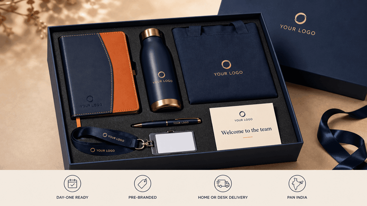 Branded employee welcome kit with a notebook, water bottle, tote bag and lanyard (representative mockup)