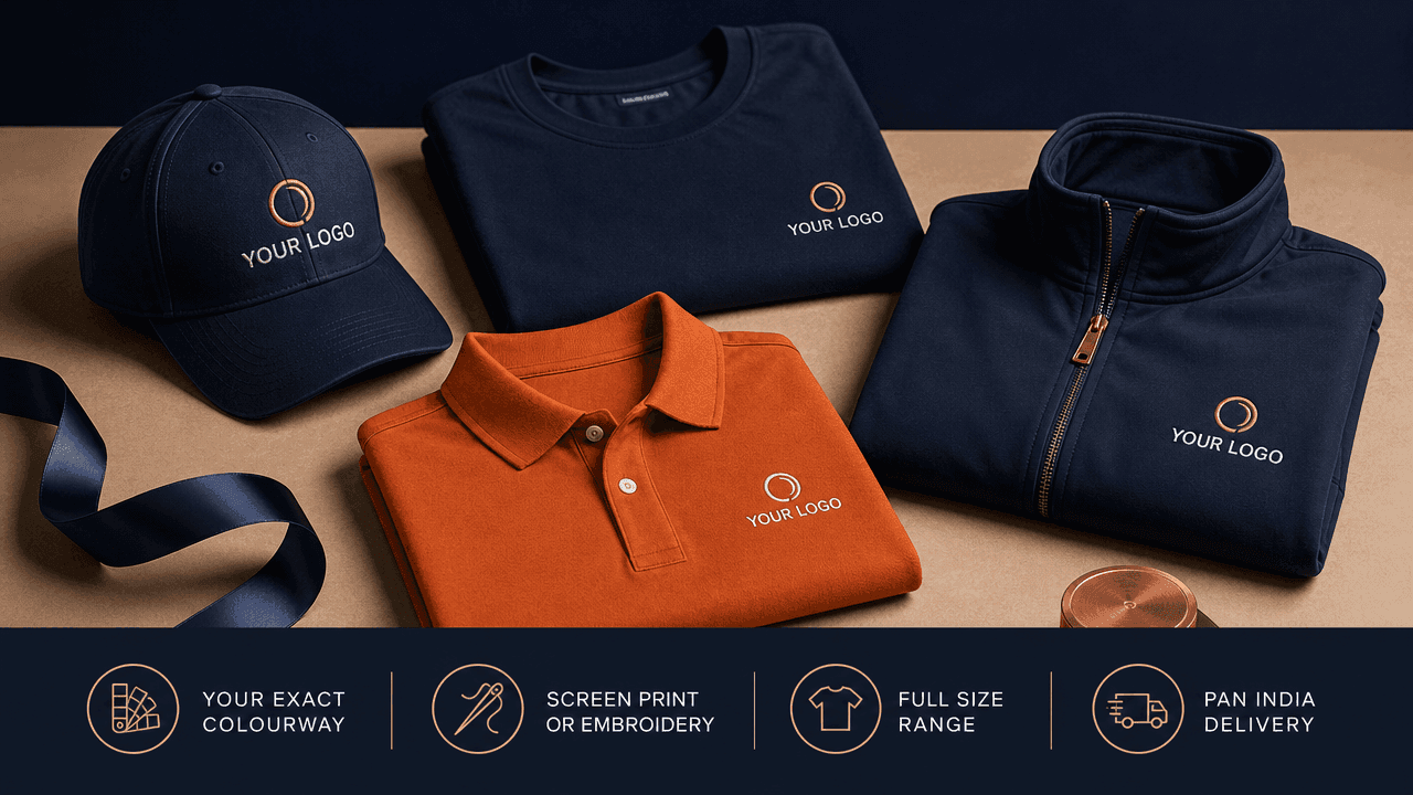 Branded T-shirt, polo, cap and jacket (representative mockup)